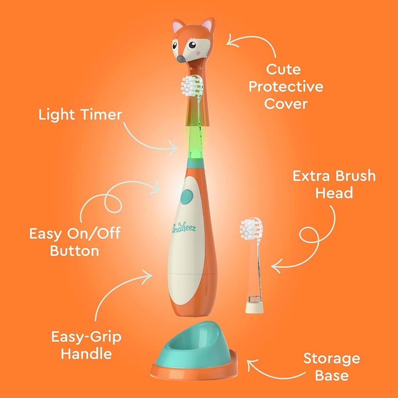 Brusheez Little Toddlers’ Sonic Toothbrush - Safe & Gentle Toothbrush for Ages 1-3 with Built-in, Light-Up 2-Minute Timer, Extra Brush Head, & Storage Base for First-Time Brushers (Fuzzy The Fox) - Image 5